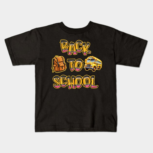 Back to School Bus and Backpack in Pencils Kids T-Shirt by DanielLiamGill